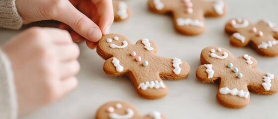 Hands are shown decorating traditional gingerbread man cookies with white icing and colorful details on a light surface. Generative AI