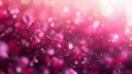 Pink leaves glistening with dew drops create a magical bokeh effect in the sunlight, perfect for nature and beauty themes