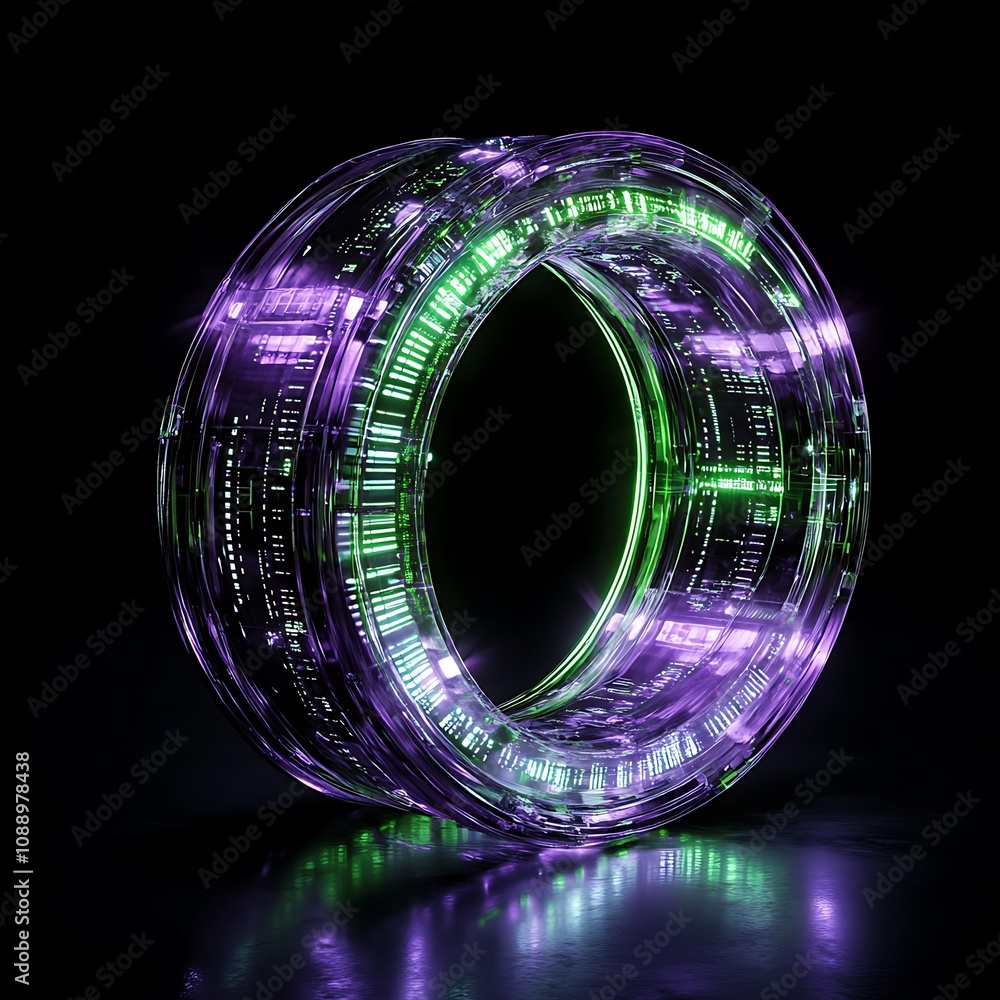 Poster abstract futuristic glowing circle with vibrant neon lights, digital elements, and intricate pattern