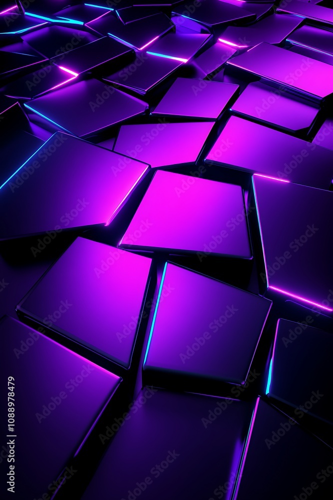 Poster abstract futuristic landscape with illuminated tiles creating a vibrant purple and blue color scheme