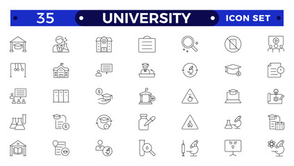 University outline icon collection set. Containing education, research, academic, degree, discipline, bachelor, post graduate, knowledge, college, task list, institute, ruler, and telescope icon.