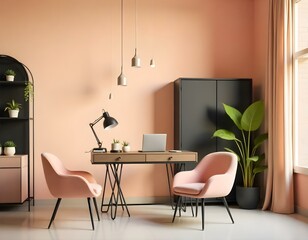 A modern and minimalist home office with a black desk, two pink armchairs, and a large potted plant in the corner.