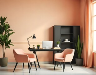 Fototapeta premium A modern and minimalist home office with a black desk, two pink armchairs, and a large potted plant in the corner.