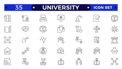 University outline icon collection set. Containing education, research, academic, degree, discipline, bachelor, post graduate, knowledge, college, task list, institute, ruler, and telescope icon.