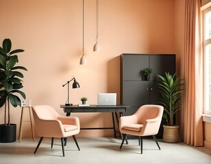 Fototapeta premium A modern and minimalist home office with a black desk, two pink armchairs, and a large potted plant in the corner.