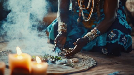 A traditional Sangoma performs a herbal and candle ritual in a serene, smoky atmosphere