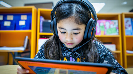 Engaged student using tablet with headphones in classroom setting, focused on learning. bright environment enhances educational experience