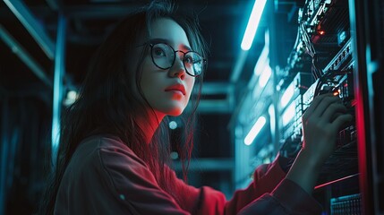 Female technician adjusting cables in server room, focused and skilled