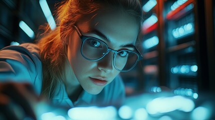 Female technician organizing server cables in data center, focused and determined