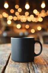 Obraz premium Black coffee mug on rustic wooden table in cozy cafe interior with warm bokeh lights background