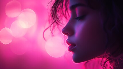 Profile of a fashion model with closed eyes, illuminated by pink and purple neon lights, creating a dreamy and glamorous atmosphere