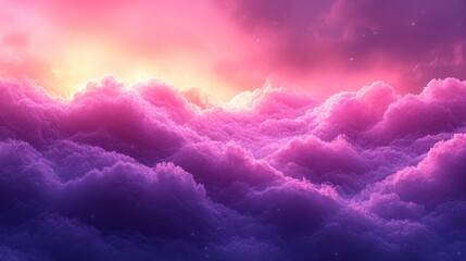 Pink and purple clouds fill a fantasy sky, illuminated by a warm, ethereal light, creating a dreamy and otherworldly atmosphere