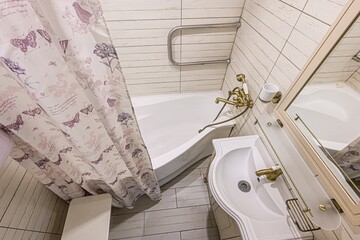 interior apartment room bathroom, sink, decorative elements, toilet. WC, sanitary unit, wash room