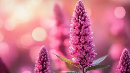 Beautiful purple loosestrife flowers blooming in a summer meadow at sunset, creating a dreamy and romantic atmosphere