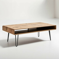 Fototapeta premium A low-profile coffee table with natural wood grain and black metal legs, showcased on a white background.
