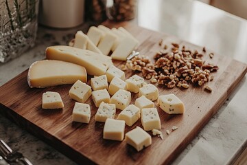 Fototapeta premium Gourmet cheese board with assorted cheeses and walnuts, perfect for sharing
