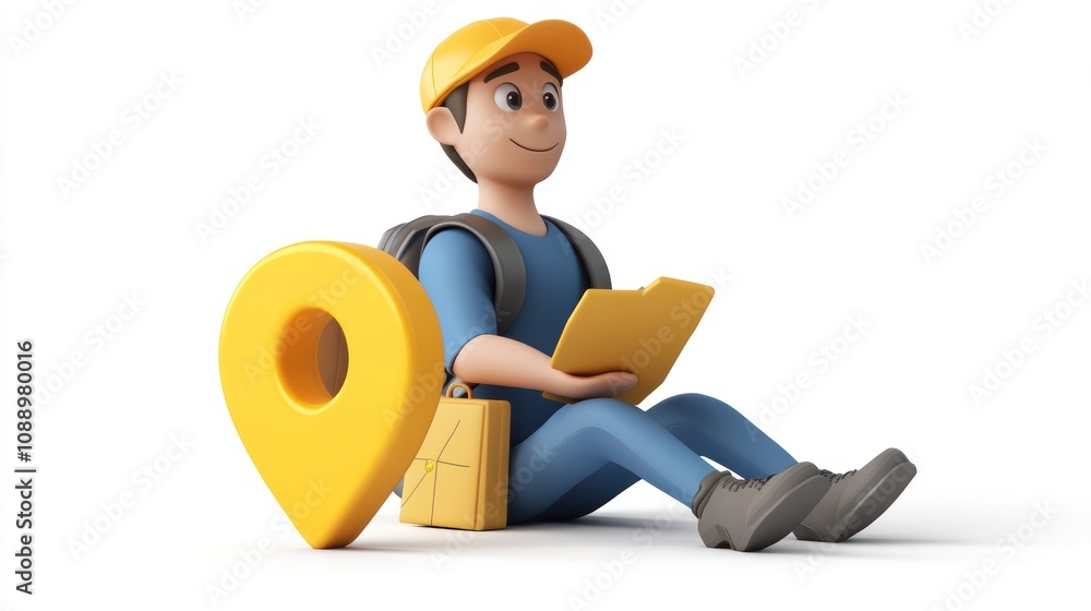 Poster a cheerful character with a backpack and clipboard, sitting next to a location pin symbol.