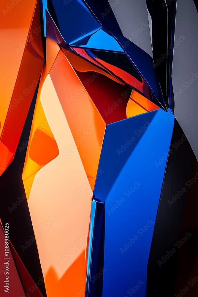 Poster abstract geometric composition of shiny reflective surfaces in orange and blue with dynamic shapes a