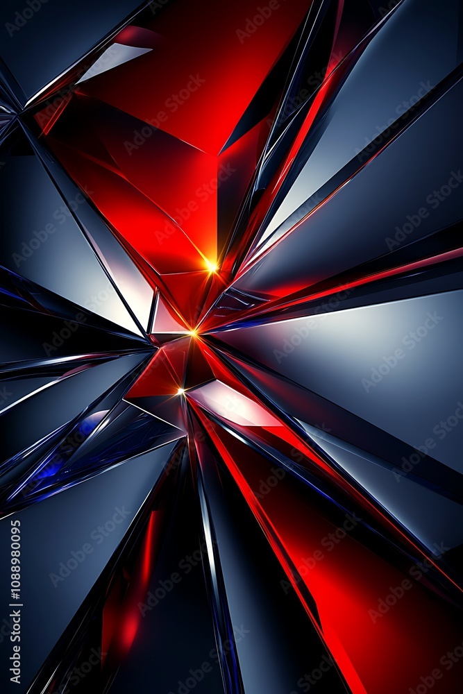 Poster abstract geometric composition with sharp red and blue triangular shapes reflecting light against a 
