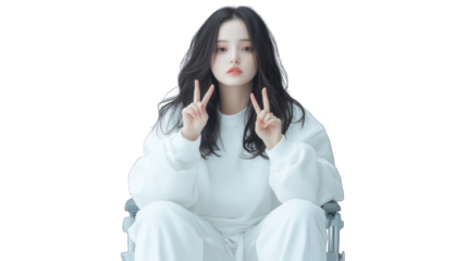 A young woman in a casual outfit poses with a peace sign. Transparent background.