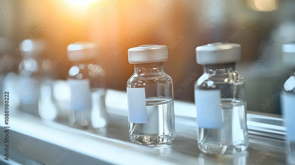 Aufkleber efficient production line with transparent bottles - bright factory lights highlighting clean convey