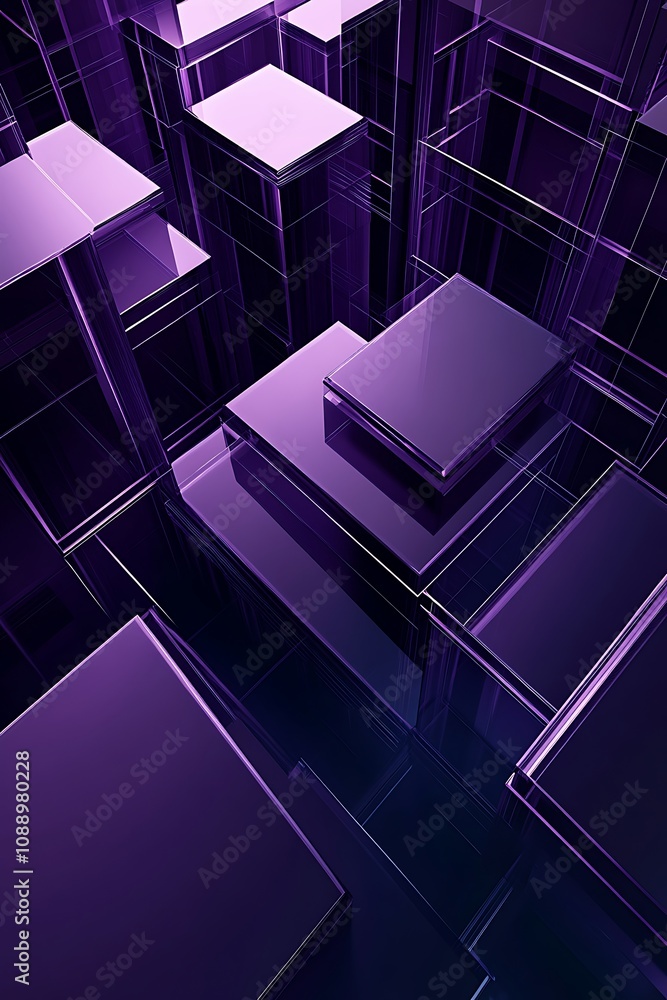 Poster abstract geometric composition with transparent purple blocks creating a dynamic three-dimensional s