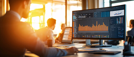 professional team analyzing data on computer screen in modern office setting, showcasing graphs and charts. warm sunlight enhances productive atmosphere