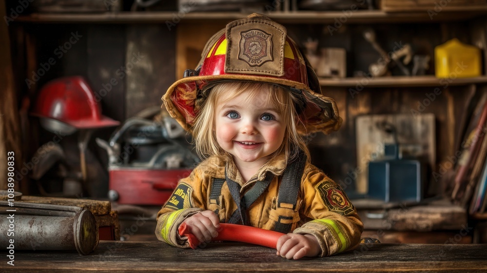 Poster A smiling child in a firefighter costume, posing with a hose in a workshop setting.