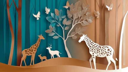 Obraz premium abstract background made from paper cut. Copy space over paper. paper layer shape are animal and tree in safari world concept high detail
