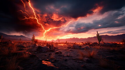 Naklejka premium Lightning storm in a desert landscape, bright bolts illuminating cacti and rocky terrain, surreal and powerful