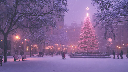 A Picturesque Scene of a Dazzling Laser-Lit Christmas Tree in a Snowy City Square with Families and...