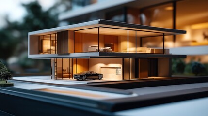Modern architectural model of a two-story house with minimalist design, featuring large glass windows and a luxury car parked underneath in a garage area, surrounded by greenery.