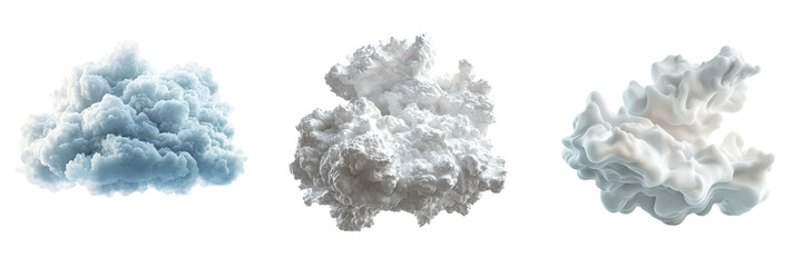 Obraz premium Three fluffy cloud formations, varying in size and color, showcasing soft textures and layered appearances.