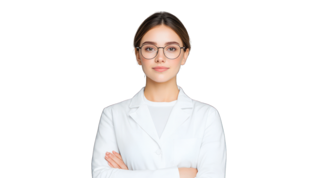 A confident woman in a lab coat with glasses, arms crossed. Transparent background.