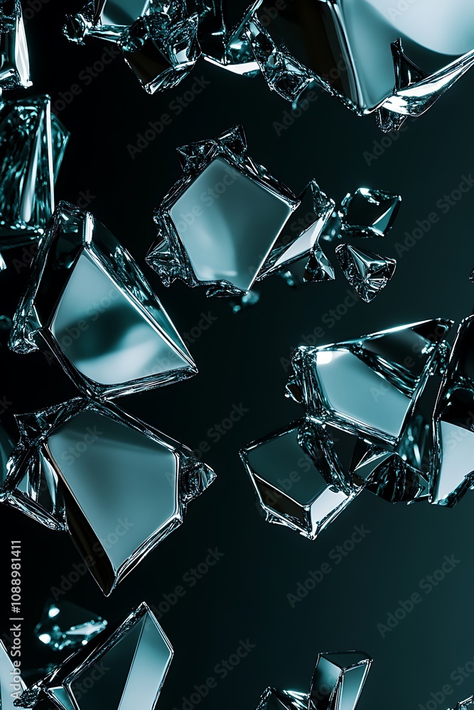 Poster abstract glass shards creating a dynamic composition with reflections and transparency against a dar