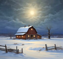 Illustration of barn with winter landscape and mountain behind.