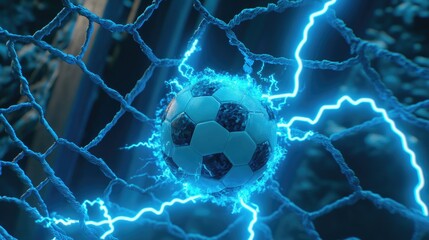 A cinematic view of a soccer ball caught in the net, with lightning-like sparks enhancing the atmosphere.