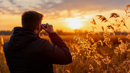 Man birdwatching in a nature reserve, binoculars in hand, fully present in the moment