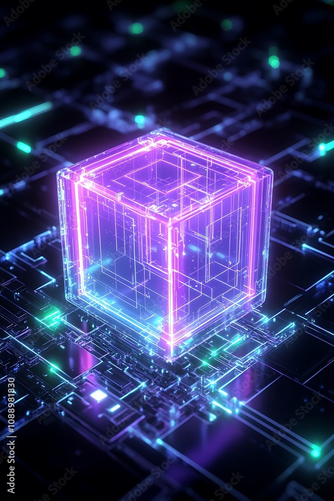 Poster abstract glowing cube floating in a digital circuit grid, showcasing vibrant neon colors and intrica