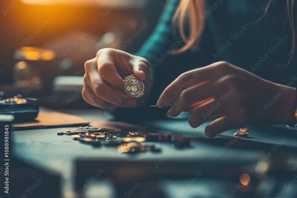 Poster a person examines a watch component among various small mechanical parts on a workspace.