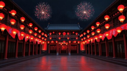 A vibrant courtyard adorned with red lanterns, illuminated against a night sky, with fireworks bursting in the background, creating a festive atmosphere.