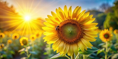 Obraz premium Vibrant Sunflower with Bee Pollinating Center - Nature's Beauty and Pollinators' Role in Ecosystem