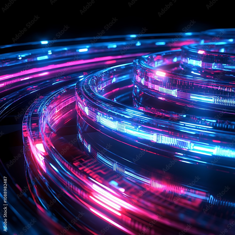 Poster abstract glowing neon spirals with vibrant colors creating a mesmerizing light trail effect in a dar