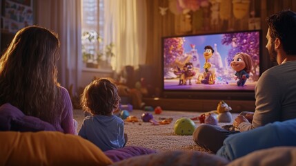 A family of three sits comfortably on a soft rug in their living room, watching an animated movie on a large TV while surrounded by toys and cushions, creating a warm and inviting atmosphere.