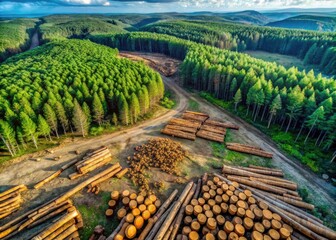 Vintage Aerial Photography of Deforestation: Sawn Logs in Pine Forest, Poaching Impact, Environmental Awareness, Aerial View of Nature Destruction