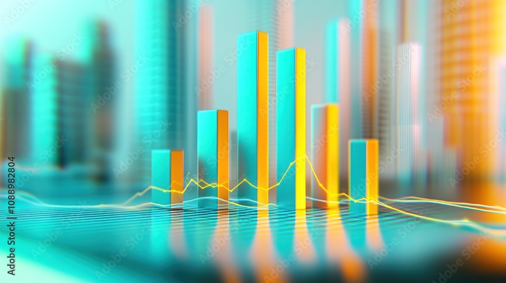 Poster abstract representation of data visualization with bars and lines over a cityscape background.