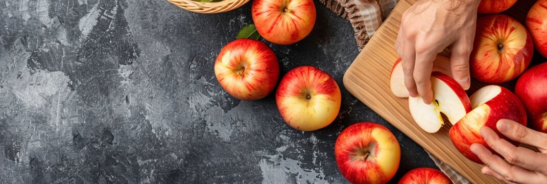 Male Hands Slicing Fresh Red Apples on a Wooden Cutting Board, Rustic Food Background