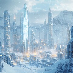 Fototapeta premium Futuristic Snow Covered City with Glowing Ice Skyscrapers Keeping Residents Warm in Extreme Cold