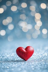 Fototapeta premium One red heart on a glittering background with bokeh lights, a romantic Valentine's Day background, a love concept. 