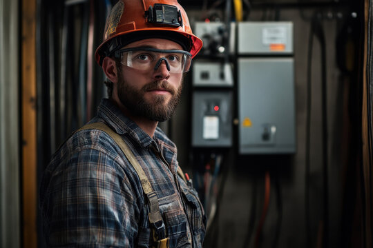 Male electrician in safety gear and helmet, inspecting electrical panel with focused expression in industrial setting.